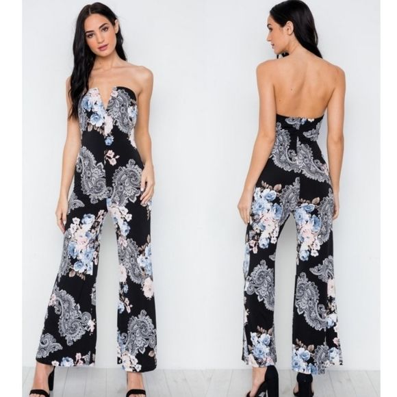 Lovely Rosetta Pants - Black Floral Strapless Jumpsuit